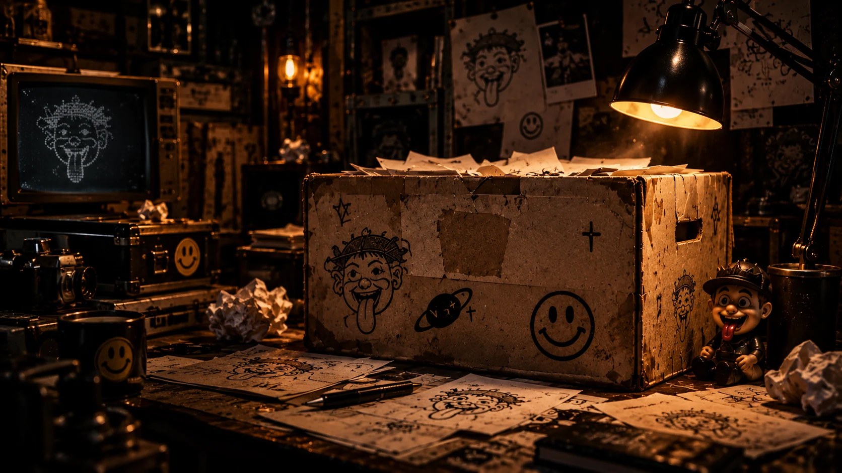 An old cardboard box filled with strange drawings and discarded artwork beneath a warm desk lamp.