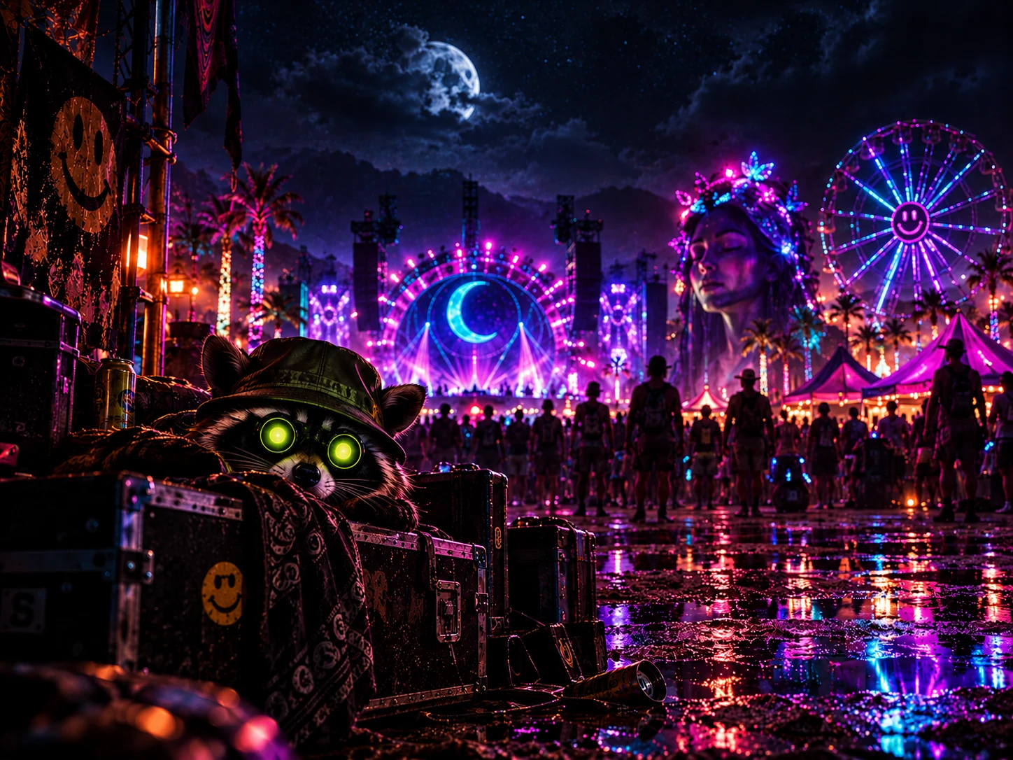 A raccoon peeking from a road case at a neon-lit night festival.