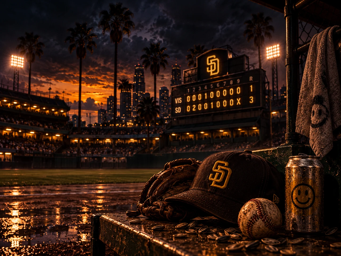A San Diego baseball cap, glove and ball beside the field and scoreboard at sunset.