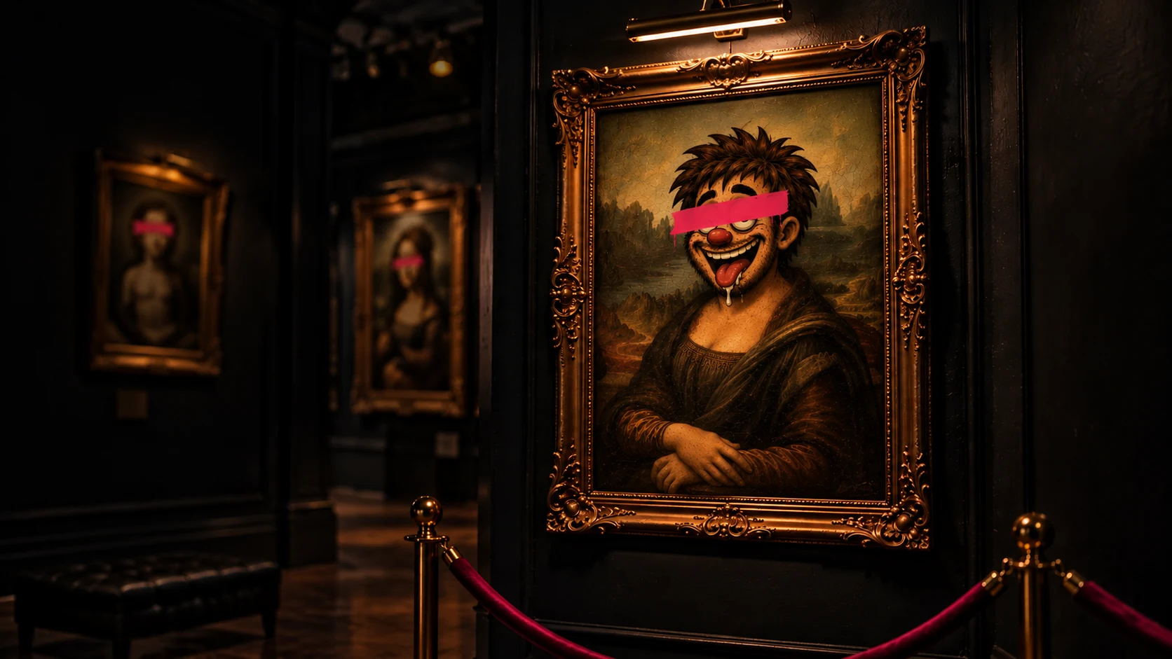 Mona Goon in a gold frame behind a velvet rope in a softly lit museum.