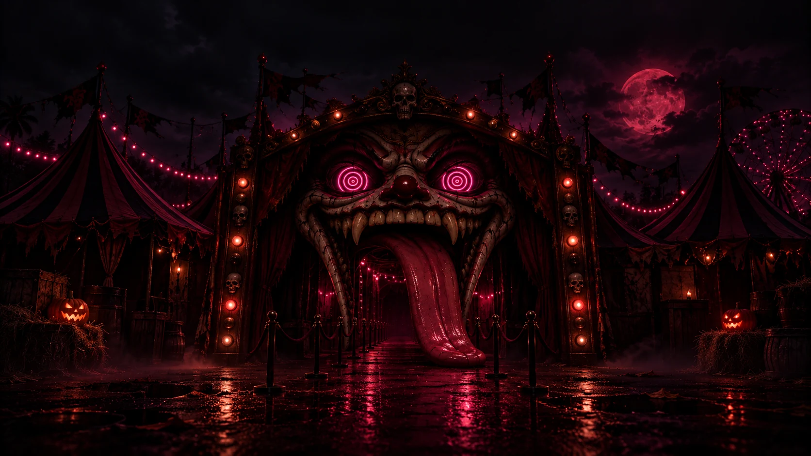 A haunted carnival entrance shaped like a grinning face under a pink moon.