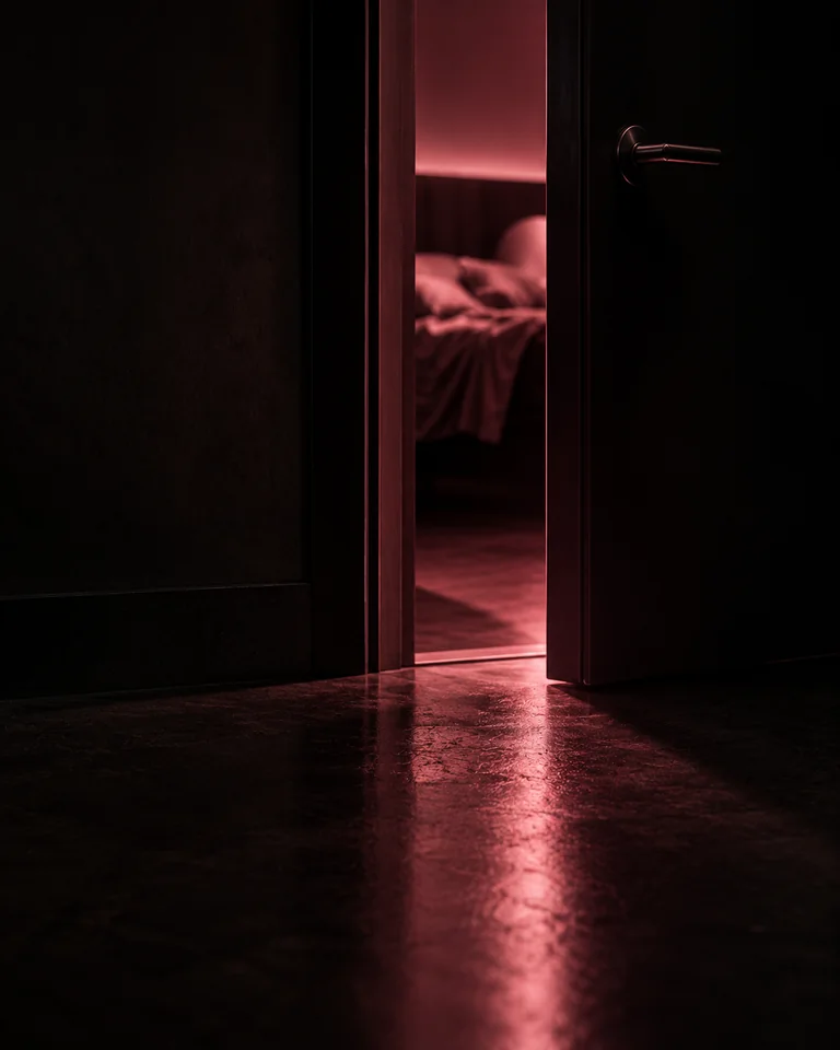 A dark doorway opens into a room with muted pink light.