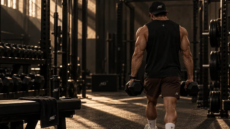 Athlete seen from behind carrying dumbbells through a sunlit gym.