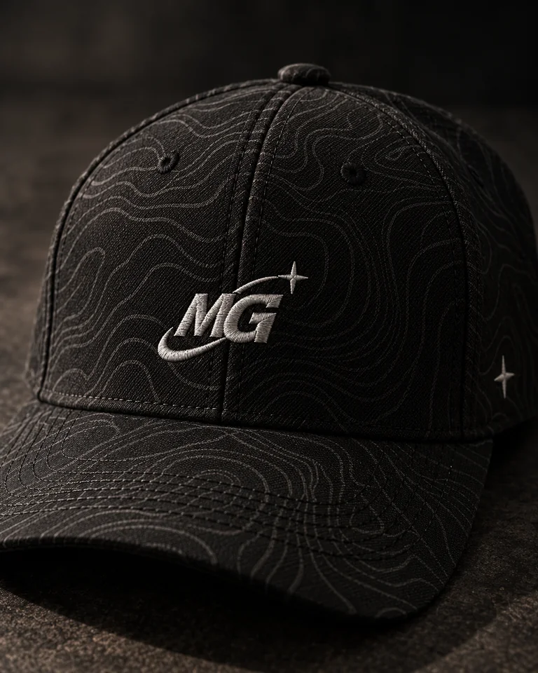 Close view of a black contour-pattern cap with pale embroidery and a side star.
