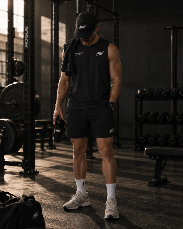 Training Short 01 in Black with a grey leg mark, worn by an athlete standing beside training racks.