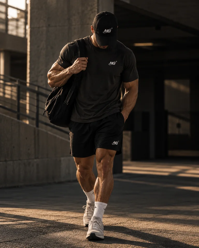 Essential Tee 01 in Mineral Black worn by an athlete carrying a shoulder bag outside a training space.