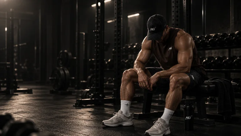 Seated athlete in a dark tank, contour-pattern shorts, and cap, resting on a gym bench.