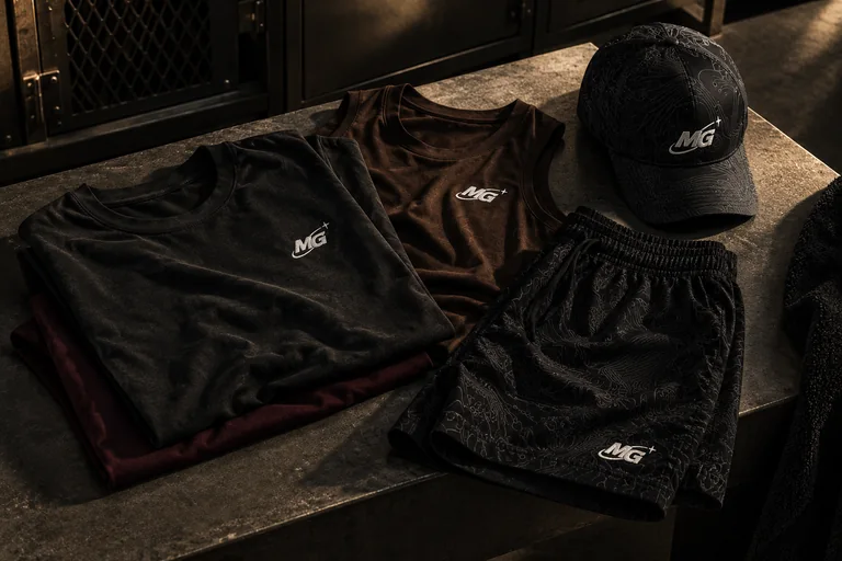 Dark tee, brown tank, contour-pattern shorts, and cap arranged on a stone bench.