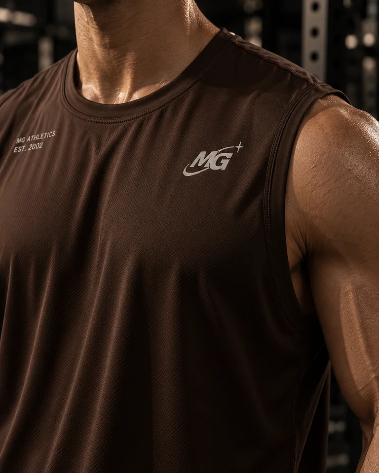 Close view of a brown performance tank with small chest marks and textured fabric.