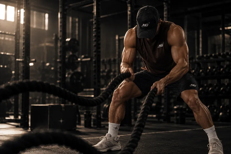 Athlete working battle ropes in a sunlit training space.
