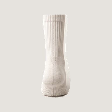 Crew Sock 01 in Vintage White, back view with an unmarked ribbed shaft. Design concept.